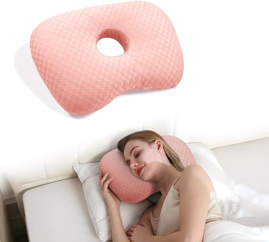 Ear Piercing Hole Pillows Side Sleeper Pillow with an Ear Hole for CNH Side Sleepers and Ear Inflammation Pressure Sores, Adjustable Cotton and Polyester Curved Side Pillow, Pink