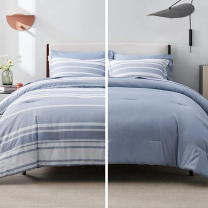 Bedsure Queen Comforter Set 7 Pieces, Blue Striped Bedding Set for All Seasons, Reversible, Cationic Dyeing Bed in a Bag with Comforter, Sheets, Pillowcases & Shams