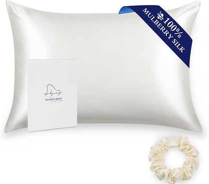 ALASKA BEAR Silk Pillowcase for Hair and Skin, Grade 6A 100% Mulberry Silk Pillow Cases Standard Size for Bliss Sleep with Random Color Scrunchy Gift Set Better Than Poly Satin, 1pc, Ivory White