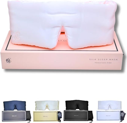 Padded Silk Sleep Mask in Gift Box, Total Blackout Liner Blocks Light, Sleep Longer, Lightweight, Natural Silk Eye Mask, Soft Lightweight Stuffing Feels Like a Cloud on Your Eyelids (Prosecco Pink)