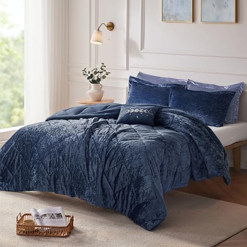 Intelligent Design King Comforter Set, Velvet Comforter Set , Luxury Diamond Quilting Comforter Set, Fluffy Comforter Bed Set with Decorative Pillowand 2 Shams, 4 Piece Navy, King/ Cal King