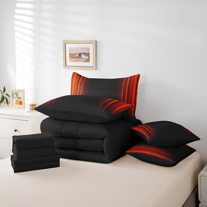 Feelyou Geometric Abstract Ombre Comforter Set with Sheets Kids Teens Orange Red and Black Striped Bedding Bed Set Decor Modern Fashion Bed in a Bag Bedroom Collection Twin Size