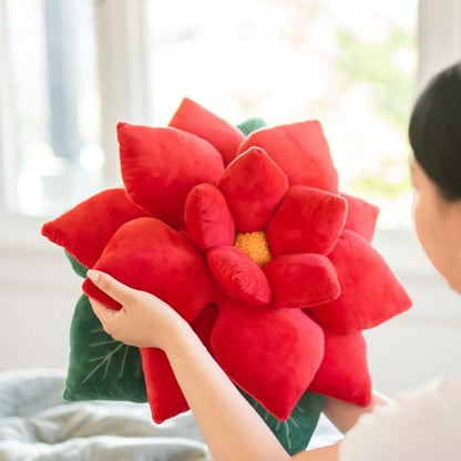 Green Philosophy Co. Poinsettia Plush Throw Pillow - Christmas Red Flower Shaped Accent Cushion | Unique Christmas Decor & Gift