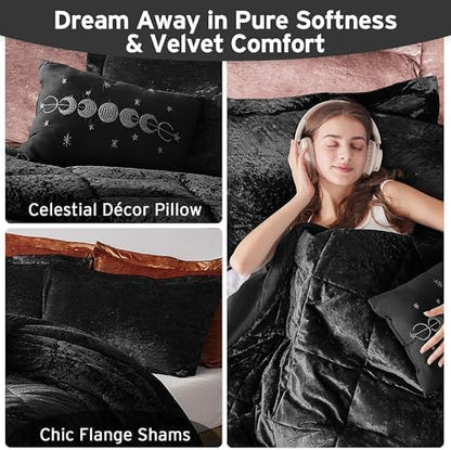 Intelligent Design Queen Comforter Set, Velvet Comforter Set , Luxury Diamond Quilting Comforter Set, Fluffy Comforter Bed Set with Decorative Pillowand 2 Shams, 4 Piece Black, Full/Queen