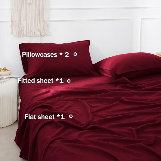 Simple&Opulence Belgian Linen Sheet Set Solid Color - 3 Pieces (1 Flat Sheet, 1 Fitted Sheet & 1 Pillowcase) Natural Flax Cotton Blend Soft Breathable Farmhouse Bedding - Twin Size, Burgundy Red