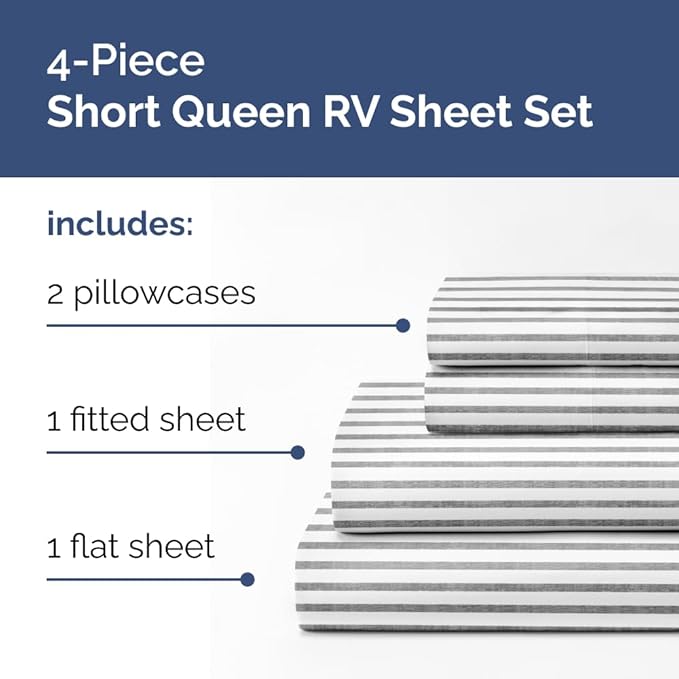 Short Queen RV Size 4 Piece Sheet Set - Comfy Breathable & Cooling Bed Sheets Set - Hotel Luxury Bedding for Women, Men, Kids, Teens, Boys & Girls - Deep Pockets, Ultra-Soft, Oeko-Tex - Grey Stripes