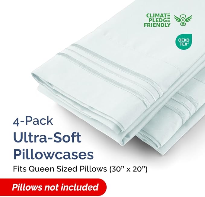 Queen Pillow Cases Set of 4 - Ultra Soft Hotel Quality Pillowcase Covers - Comfy, Cozy & Wrinkle Free - Shrinkage, Stain & Fade Resistant - Machine Washable Pillow Protectors - 4 Piece Set - Ice Blue