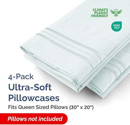 Queen Pillow Cases Set of 4 - Ultra Soft Hotel Quality Pillowcase Covers - Comfy, Cozy & Wrinkle Free - Shrinkage, Stain & Fade Resistant - Machine Washable Pillow Protectors - 4 Piece Set - Ice Blue