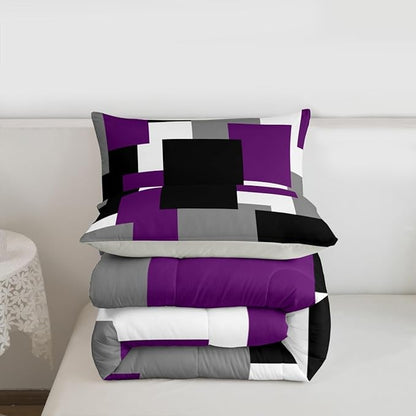 Castle Fairy Purple Grey Black Kids Comforter Set King Size,Geometric Grid Square Splicing Down Alternative Adults Bedroom Decor,Modern Abstract Ultra Soft Microfiber Inner Fill 3 Pcs Bedding