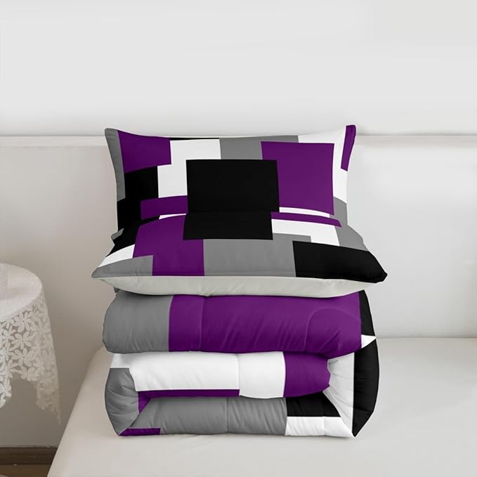Castle Fairy Purple Grey Black Comforter Set,Geometric Grid Square Splicing Bedding Set for Kids Teens,Modern Abstract Quilt Set,Duvet Insert 2 Pcs with 1 Pillowcase,Toddler
