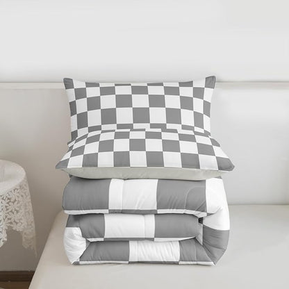 Feelyou Checkered Retro Comforter Set All Season Grey Plaid Bedding Set with 2 Pillow Cases Geometric Vintage Kids Queen Bedclothes Modern Simple Groovy Aesthetic Bedroom Decor Duvet Quilt