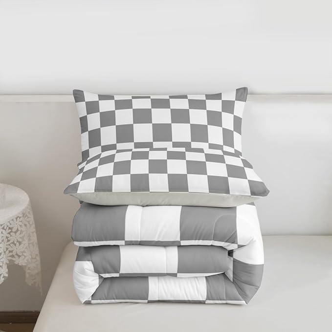Feelyou Checkered Retro Comforter Set All Season Grey Plaid Bedding Set with 2 Pillow Cases Geometric Vintage Kids Full Bedclothes Modern Simple Groovy Aesthetic Bedroom Decor Duvet Quilt