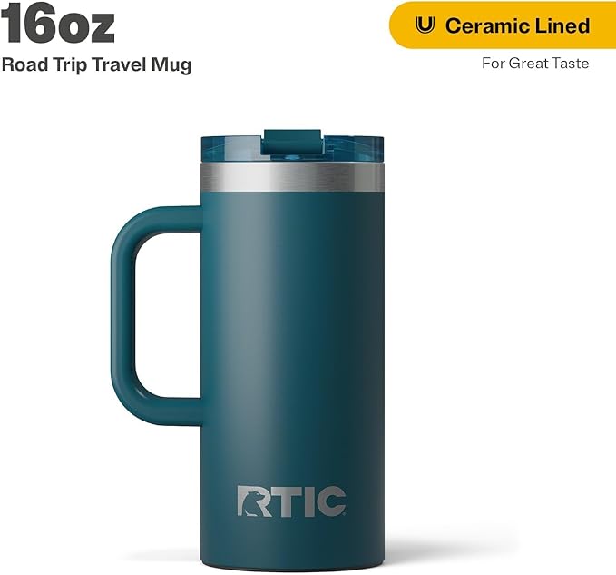 RTIC 16oz Road Trip Travel Mug with Lid and Handle, Ceramic Lined, Insulated, Stainless Steel, Metal, Double Wall Vacuum-Insulation, Portable Coffee, Tea Cup for Hot and Cold Drink, Marine