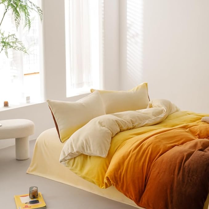 CLOTHKNOW Orange White Velvet Comforter Sets Twin/Twin XL Gradient Yellow Bedding Comforter Sets Soft