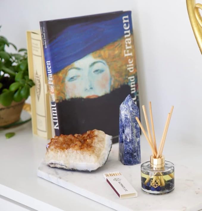 Crystal Infused Reed Diffuser, 4 OZ, Calm - Sodalite Crystal Infused - Scents of Chamomile, Howood, & Sage - Home Decor, House Warming, Room Aesthetic, Stick Perfume, Coffee Table