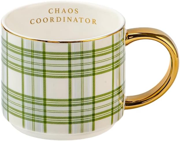 Sweet Water Decor Chaos Coordinator Coffee Mug, 14oz Fine Bone China Mug, Green Plaid Design with Gold Handle & Rim, Large Tea Cup for Hot & Cold Drinks, Gifts for Teachers, Co-Workers & Boss