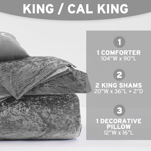 Intelligent Design King Comforter Set, Velvet Comforter Set , Luxury Diamond Quilting Comforter Set, Fluffy Comforter Bed Set with Decorative Pillowand 2 Shams, 4 Piece Grey, King/ Cal King