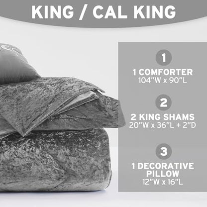 Intelligent Design King Comforter Set, Velvet Comforter Set , Luxury Diamond Quilting Comforter Set, Fluffy Comforter Bed Set with Decorative Pillowand 2 Shams, 4 Piece Grey, King/ Cal King