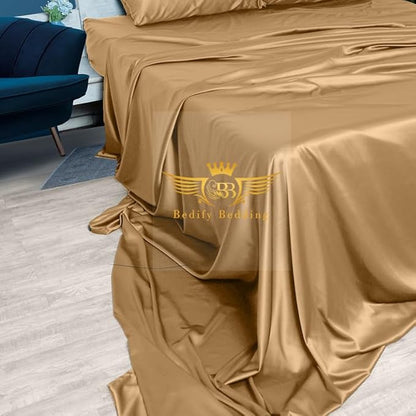 100% Pure Silk Satin Sheet Set 4pcs, Silk Fitted Sheet 15" Deep Pocket Mattress fit,Silk Flat Sheet&Silk Pillowcases Set Soft Silk Sheets|Wrinkle Free Fade Resistant.(Dark Ivory,Twin X)