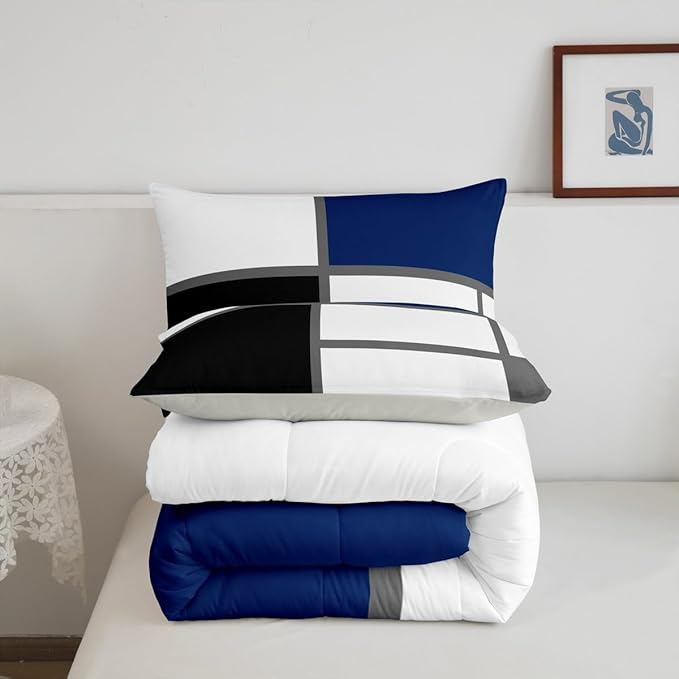 Erosebridal Geometric Abstract Twin Bedding Sets for Adult Women Men Blue and White Striped Comforter Set Square Grid Quilt Duvet Set Modern Art Patchwork Bedding Collections for Minimalist
