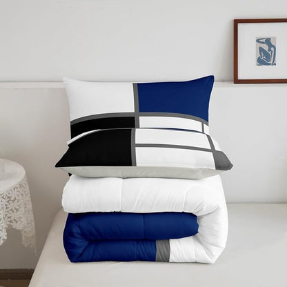 Erosebridal Geometric Abstract Bedding Set Full Size Blue and White Striped Comforter Set for Adult Women Men Square Grid Bed Sets Modern Art Patchwork Duvet Quilt Sets for Minimalist