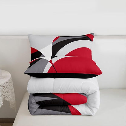 Erosebridal Aesthetic Stripe Bedding King Modern Comforter Set for All Ages, Geometric Circle Bedding Comforter Sets Abstract Artwork Duvet Set, Red Grey Black Quilted Comforter Luxury 3pcs