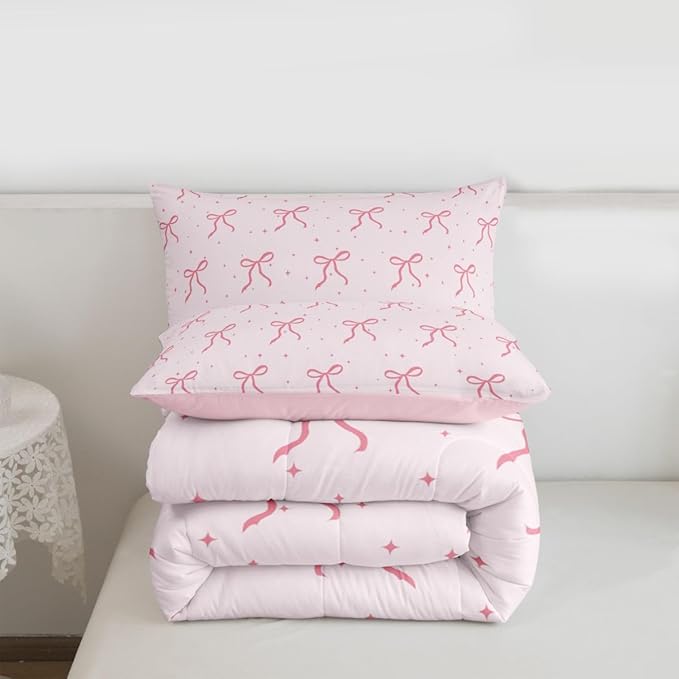 Erosebridal Pink Bow Toddler Bedding Set for Girls Women Ribbon Bows Comforter Set Preppy Bows Comforter for Kids Adults Coquette Room Decor Girly Princess Pink Quilt Duvet