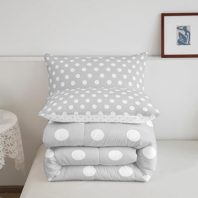 Manfei Polka Dots Teens Comforter Set,French Style Cartoon Dots Gray White Bedding Set All Season,Modern Geometric Circles Abstract Simple Art Comforter 3 Pcs with 2 Pillowcases,Queen Size