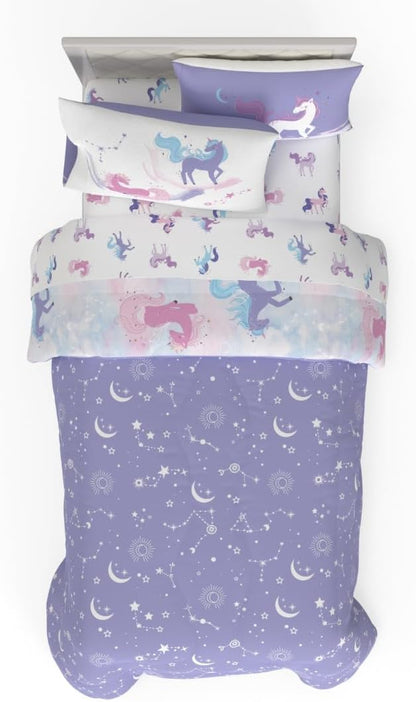 Morning Bird Unicorns Astrology Kids Bedding Super Soft & Cozy Reversible Microfiber Comforter and Sheet Set with Sham, 5 Piece Twin Size, by Franco