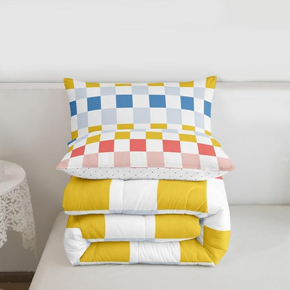Feelyou Multicolored Checkered Retro Kids Comforter Set Queen Size Geometric Cute Bedding Set Colorful Duvet Quilt for Kids Boys Girls Bedroom Modern Groovy Aesthetic Decor