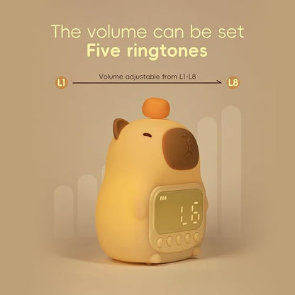Capybara Alarm Clock with Night Light for Kids, Cute Toddler Alarm Clocks for Bedrooms Ok to Wake Clocks for Girls and Boys, Silicone Animal Tabletop Lamp for Kid, RGB Color