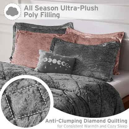 Intelligent Design King Comforter Set, Velvet Comforter Set , Luxury Diamond Quilting Comforter Set, Fluffy Comforter Bed Set with Decorative Pillowand 2 Shams, 4 Piece Grey, King/ Cal King