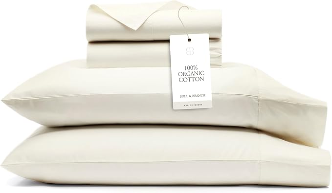 BOLL & BRANCH Signature Hemmed Sheet Set - Twin, Cream - Luxury 100% Organic Cotton - Includes 1 Flat, 1 Fitted, 2 Pillowcases - Buttery Soft