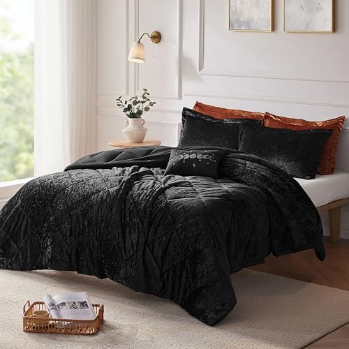 Intelligent Design Twin Comforter Set, Velvet Comforter Set , Luxury Diamond Quilting Comforter Set, Fluffy Comforter Bed Set with Decorative Pillowand 1 Sham, 3 Piece Black, Twin/Twin XL