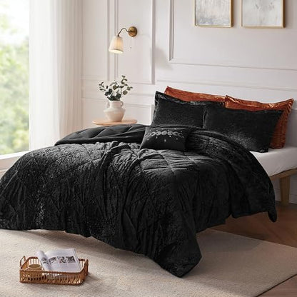 Intelligent Design Twin Comforter Set, Velvet Comforter Set , Luxury Diamond Quilting Comforter Set, Fluffy Comforter Bed Set with Decorative Pillowand 1 Sham, 3 Piece Black, Twin/Twin XL