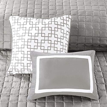 Madison Park Heritage Comforter Quilt Combo Set - Modern Luxury Design, All Season Down Alternative Bedding, Matching Shams, Decorative Pillows, Full/Queen(90"x90"), Color Block Grey 8 Piece