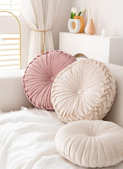 NatureMan 13.7 inch Round Sofa Cushion Pure Color Velvet Home Decor, Pleated Round Cushion, Pumpkin Pillow Suitable for Home Bed car Decoration (Creamy-White)