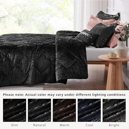 Intelligent Design Twin Comforter Set, Velvet Comforter Set , Luxury Diamond Quilting Comforter Set, Fluffy Comforter Bed Set with Decorative Pillowand 1 Sham, 3 Piece Black, Twin/Twin XL