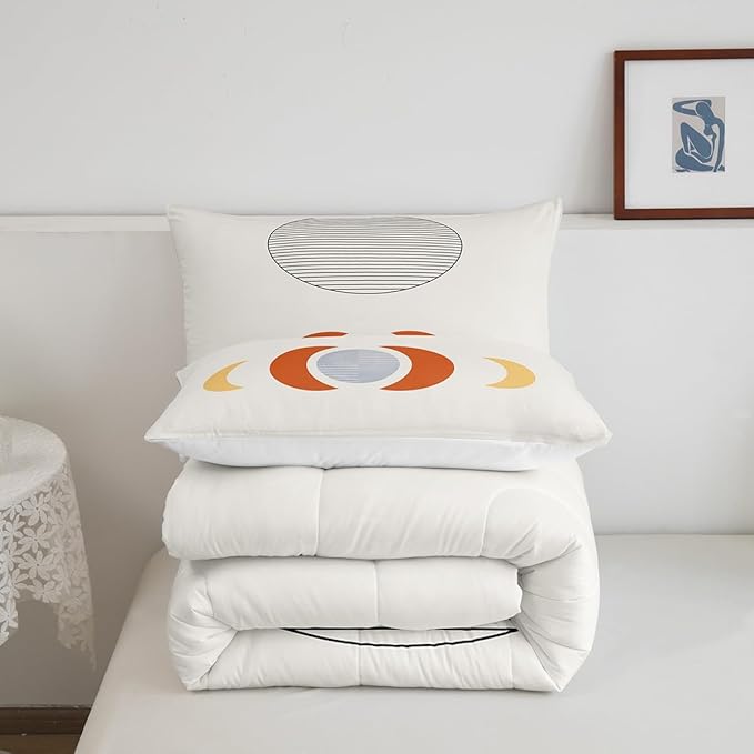 Erosebridal Mid Century Comforter Set Queen Abstract Moon Bedding Set, Striped Down Comforter White Aesthetic Bed Set, Retro Minimalism Quilted Duvet Modern Art Bedroom Decor Ultra Soft 3pcs