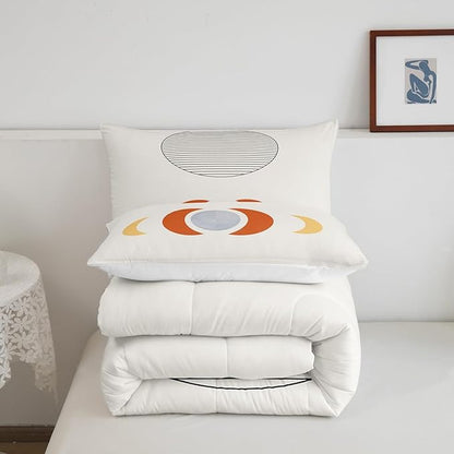 Erosebridal Mid Century Comforter Set Queen Abstract Moon Bedding Set, Striped Down Comforter White Aesthetic Bed Set, Retro Minimalism Quilted Duvet Modern Art Bedroom Decor Ultra Soft 3pcs