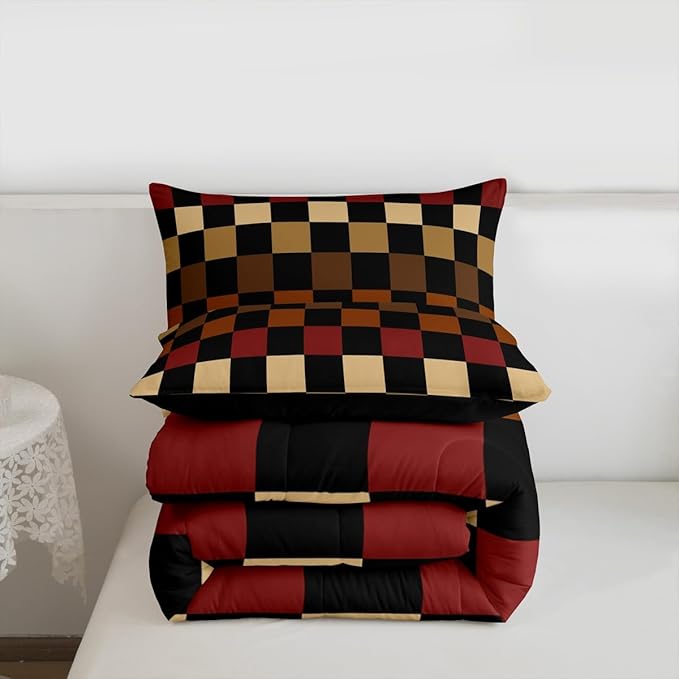 Feelyou Checkered Retro Kids Comforter Set Queen Size Brown Red Black Plaid Bedding Set Geometric Vintage Duvet Quilt for Kids Boys Girls Bedroom Modern Simple Groovy Aesthetic Decor