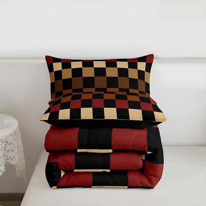 Feelyou Checkered Retro Kids Comforter Set King Size Brown Red Black Plaid Bedding Set Geometric Vintage Duvet Quilt for Kids Boys Girls Bedroom Modern Simple Groovy Aesthetic Decor