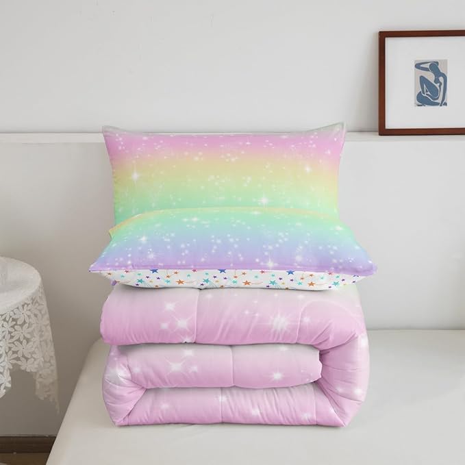 Feelyou Cute Rainbow Comforter Set Twin Size Lovely Kids Rainbows Bedding Set for Kids Boys Girls Glitter Galaxy Duvet Quilt Multicolor Bedroom Decor Microfiber 2 Pcs with 1 Pillow Cases