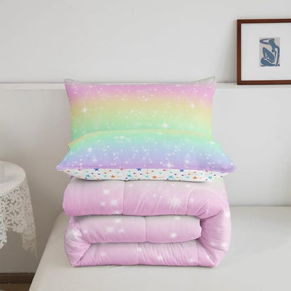Feelyou Cute Rainbow Comforter Set Twin Size Lovely Kids Rainbows Bedding Set for Kids Boys Girls Glitter Galaxy Duvet Quilt Multicolor Bedroom Decor Microfiber 2 Pcs with 1 Pillow Cases