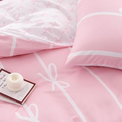 Pink Comforter Set Queen 3 Pieces Pink Bow Bedding Set for Girls Kids, 100% Microfiber, Cute Coquette Bowknot Comforter with 2 Pillowcases, Soft Lightweight, Pink White