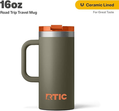 RTIC 16oz Road Trip Travel Mug with Lid and Handle, Ceramic Lined, Insulated, Stainless Steel, Metal, Double Wall Vacuum-Insulation, Portable Coffee, Tea Cup for Hot and Cold Drink, Trailblazer