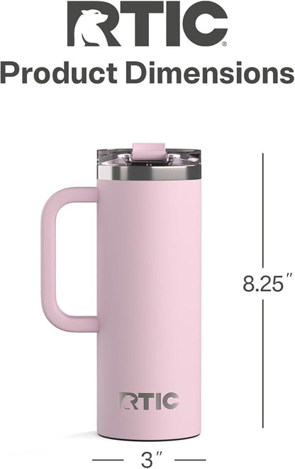 RTIC 20oz Road Trip Travel Mug with Lid and Handle, Ceramic Lined, Insulated, Stainless Steel, Metal, Double Wall Vacuum-Insulation, Portable Coffee, Tea Cup for Hot and Cold Drink, Pale Pink