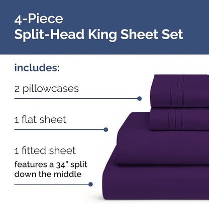 Flex Top Split Head King 4 Piece Sheet Set - Comfy Breathable & Cooling Bed Sheets Set - Hotel Luxury Bedding for Women, Men, Kids, Teens, Boys & Girls - Deep Pockets, Ultra-Soft - Oeko-Tex - Purple