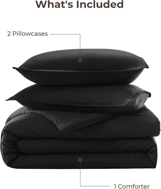 Litanika Black Comforter Full Size, 3 Pieces Boho Lightweight Solid Bedding Comforter Set, All Season Fluffy Bed Set (79x90In Comforter & 2 Pillowcases)