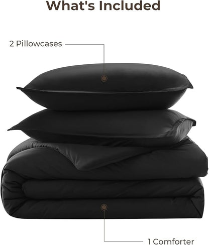Litanika Black Comforter Full Size, 3 Pieces Boho Lightweight Solid Bedding Comforter Set, All Season Fluffy Bed Set (79x90In Comforter & 2 Pillowcases)
